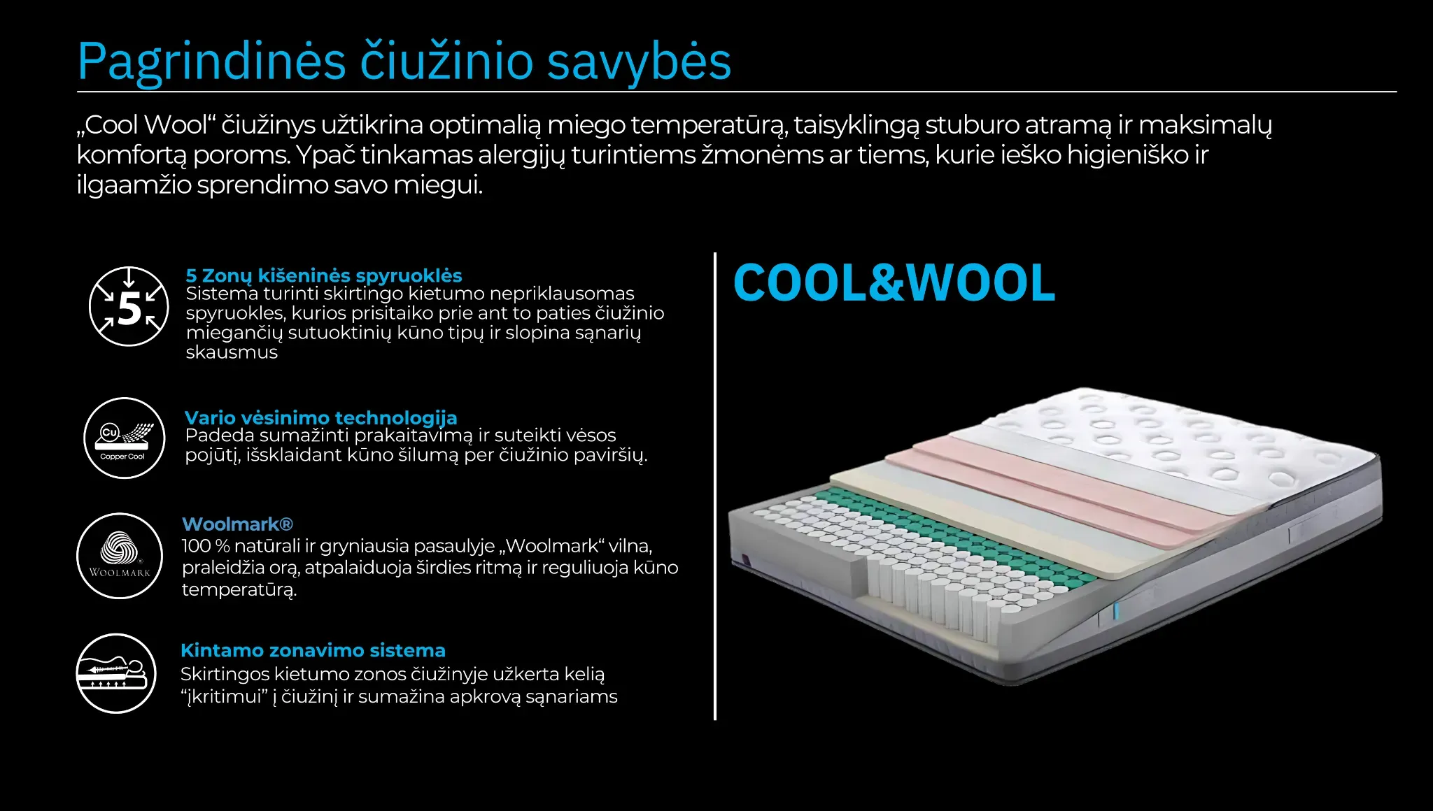 Čiužinys COOL&WOOL (ritininė pakuotė) - Yatas Bedding
