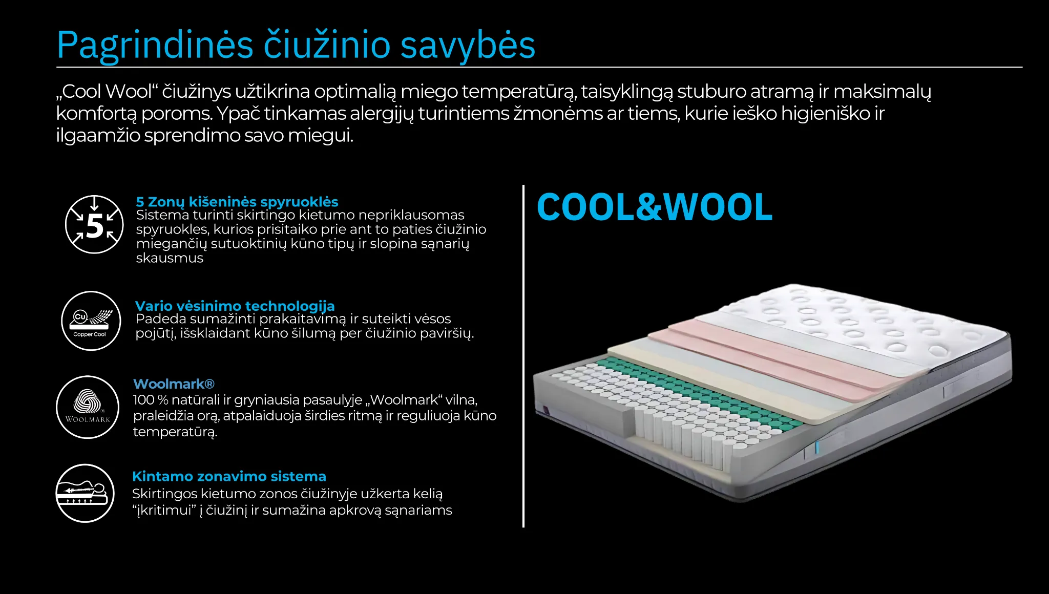 Čiužinys COOL&WOOL - Yatas Bedding